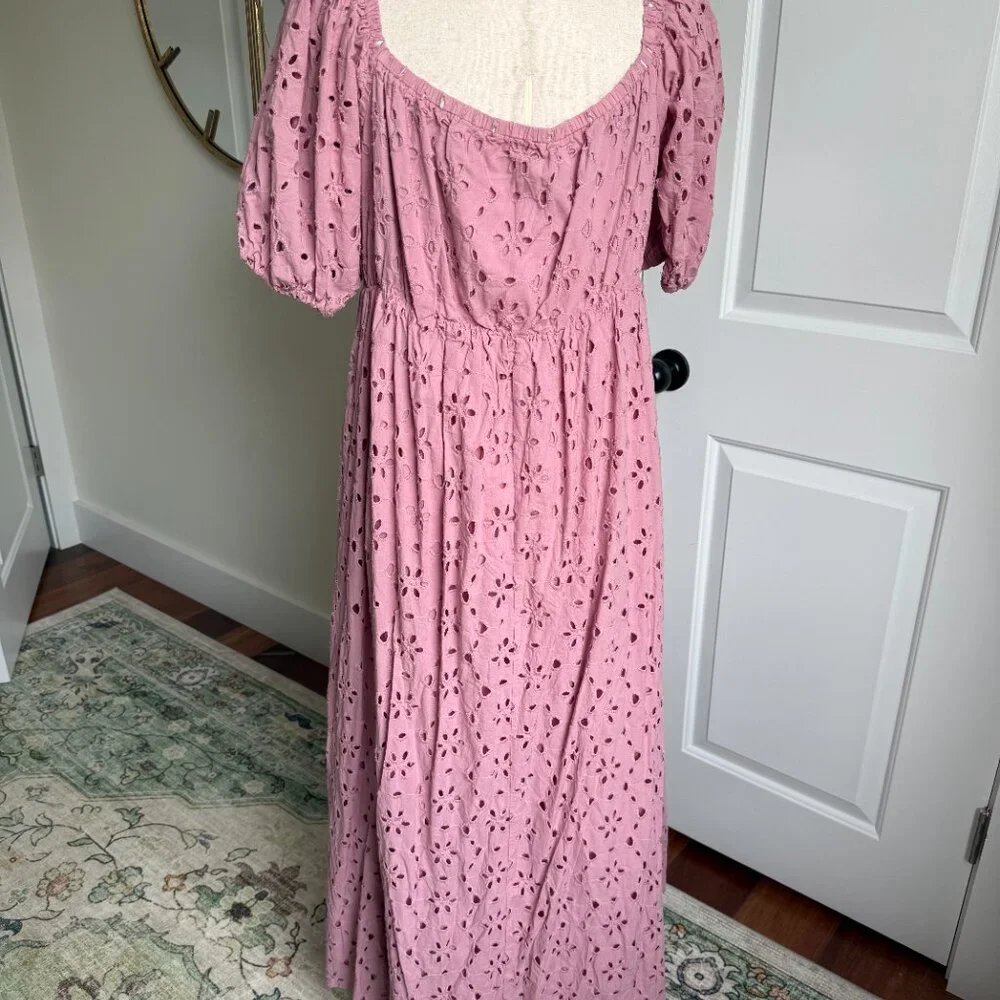Eloquii Eyelet Detail Tie Front Puff Sleeve Maxi Dress Pink Mauve Size 18 - Picture 7 of 11